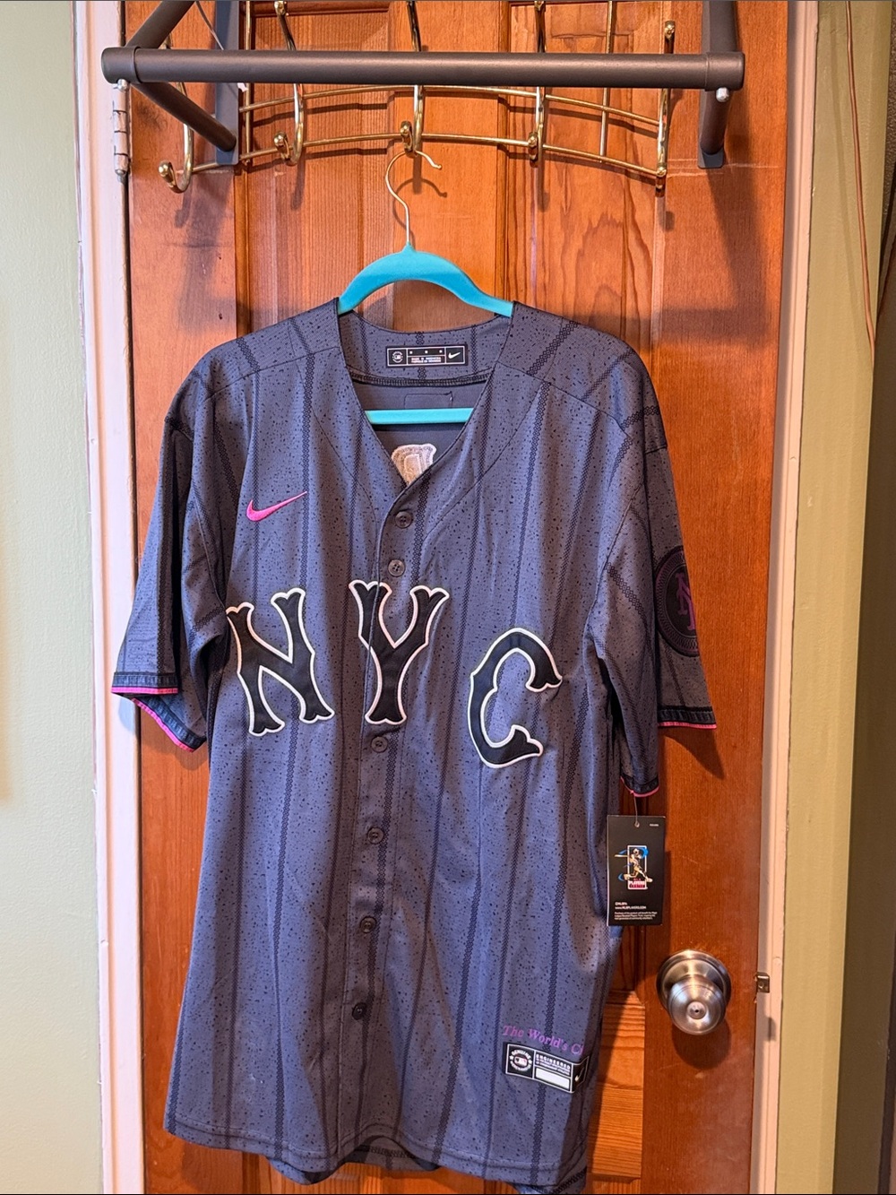 Nike Men's Dark Gray NYC Button-Up Baseball Jersey with Pink Accents